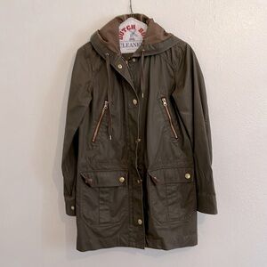 J Crew Hoodie Olive Green Zip  Snap Field Jacket With Patch and Zip Pockets XS